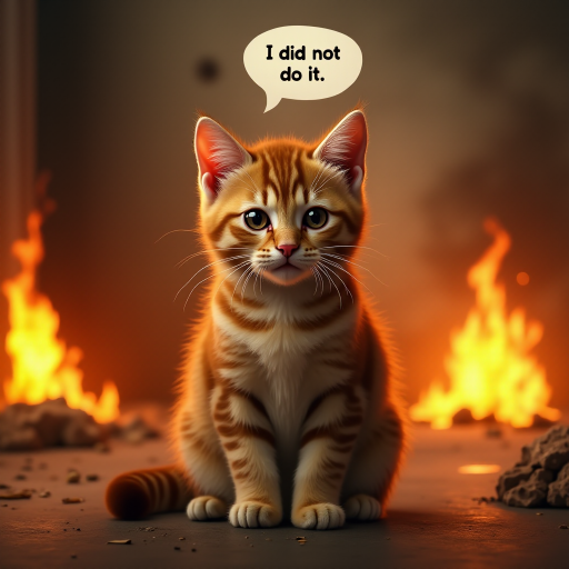 Photorealistic image of an innocent-looking cat sitting calmly in the middle of a burning room. Flames engulf the room, with fire licking up the walls and smoke filling the air. The cat is sitting on the floor, looking directly at the viewer with wide, innocent eyes. Above the cat, a speech bubble says "I did not do it" The contrast between the cat's calm demeanor and the chaos around it creates a humorous and surreal scene.