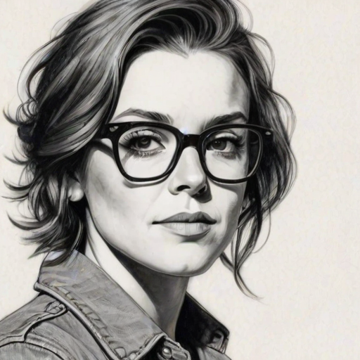 Dazzling Brandi Carlile, pencil sketch, portrait of Elegant woman 1964s in glasses, hair style beatnik, outline, clear lines, fine lines, 8k