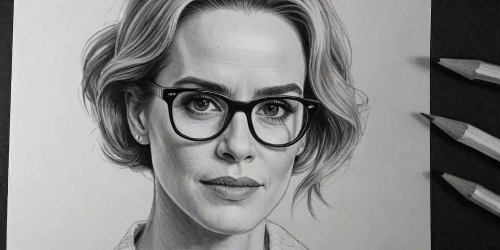 Gorgeous Sarah Paulson, pencil sketch, portrait of Gorgeous woman 1956s in glasses, hair style beatnik, outline, clear lines, fine lines, 8k
