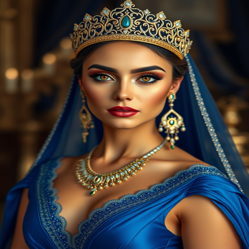 A gorgeous Coptic woman in a luxurious blue gown, accessorized with a dazzling tiara and statement earrings, her deep Yellow eyes highlighted by impeccable makeup, poised in a royal setting, photorealistic, 8K quality