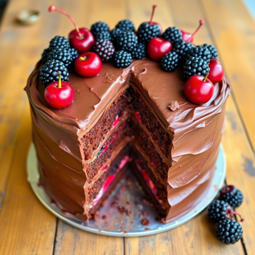 A rich chocolate cake layered with chocolate frosting and filled with red fruit, topped with fresh blackberries and cherries, placed on a rustic wooden table with a slice removed to reveal the layers inside.