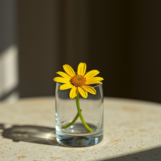 A delicate yellow flower in a glass vase on a textured surface, captured with a DSLR camera at f/2.8, ISO 100, 50mm lens, soft focus background, natural lighting to enhance colors and details.