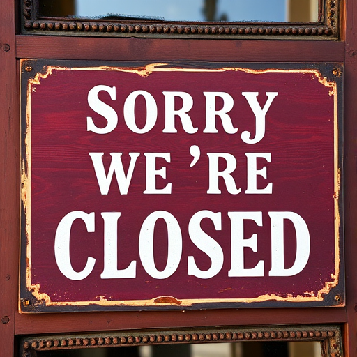 Create a vintage-style sign that says "Sorry We're Closed," capturing a rustic charm, using a DSLR camera with a 50mm lens, aperture set to f/2.8 for a shallow depth of field, ISO 100, and a soft, diffused natural light to enhance the texture and colors of the sign.
