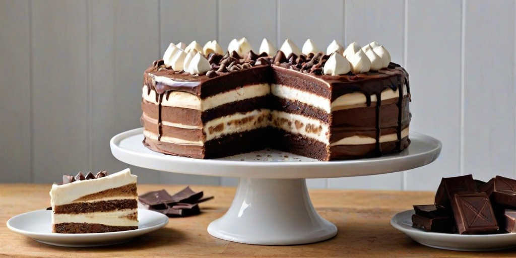 Create a visually appealing image of a layered cake with alternating sections of chocolate and cream. The cake should be displayed on a white cake stand, surrounded by slices of the cake on a wooden board. Add some marshmallows and chocolate chips scattered around for decoration. Use a clean, modern kitchen background to enhance the presentation.