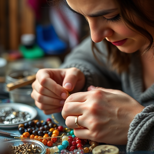 Close-up of a woman’s hands crafting jewelry, surrounded by colorful beads and tools, soft light highlighting her focused expression and the intricate details of her work.