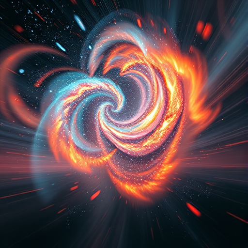 Create an abstract cosmic dance scene featuring swirling galaxies and vibrant colors, captured with a Canon EOS R5, using a 24mm f/1.4 lens, ISO 100, shutter speed 1/60s, and focus on dynamic motion and depth.