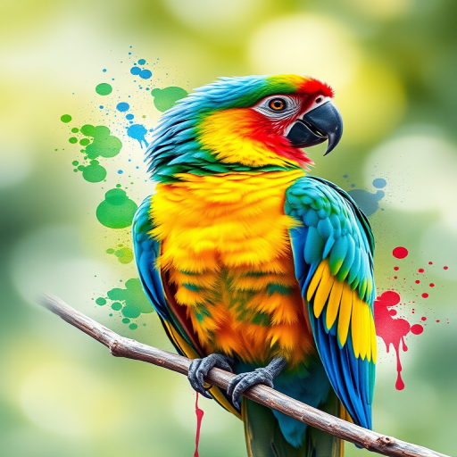 high-resolution watercolor painting of a colorful parrot perched on a branch with vibrant splashes of blue, green, yellow, and red, captured with a Canon EOS R5, 85mm lens, f/1.8, ISO 100, natural light, shallow depth of field, vivid colors, enhanced detail