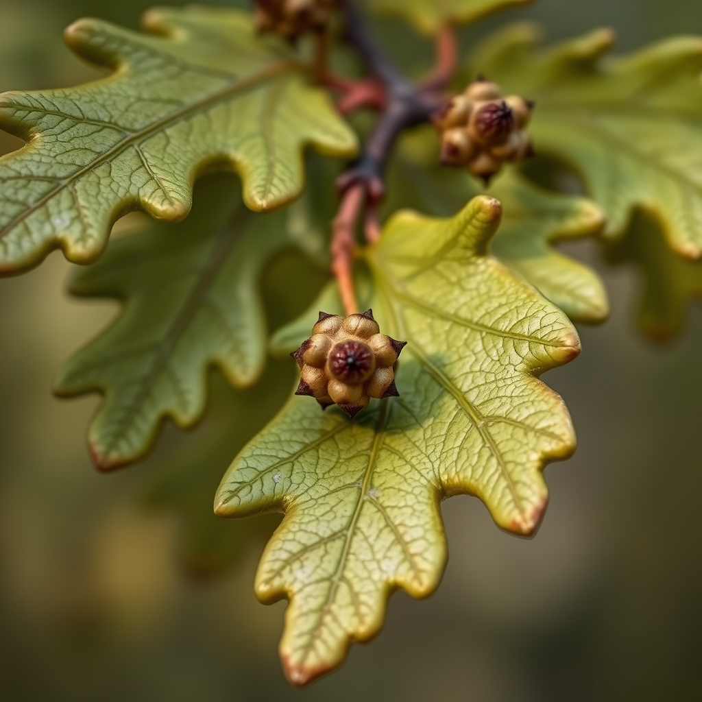 close-up of oak leaves with galls, soft focus background, natural lighting, ISO 200, aperture f/2.8, 50mm lens, taken with a DSLR camera, shallow depth of field