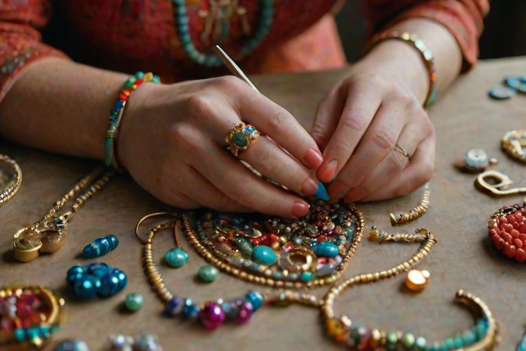 Close-up of a woman’s hands creating jewelry, with colorful beads and tools scattered around her, soft light enhancing the sparkle and details of her intricate designs.