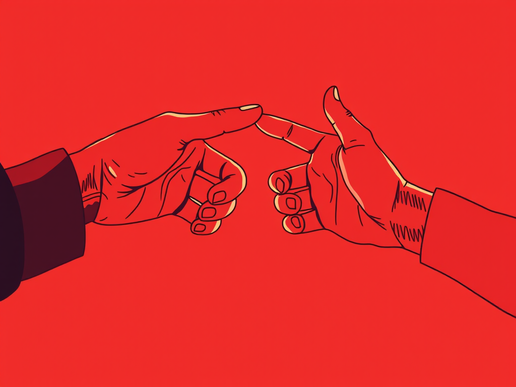 Create a vivid illustration of two hands reaching towards each other, using a bold red color scheme with minimalistic line art, captured with a DSLR camera at f/2.8 aperture, 50mm lens, and soft natural lighting to enhance texture and depth.