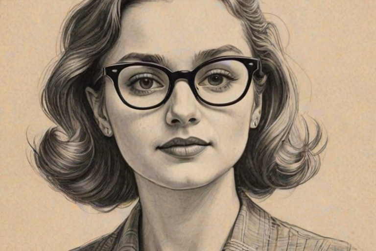 Dazzling Maude Apatow, pencil sketch, portrait of Fascinating woman 1949s in glasses, hair style beatnik, outline, clear lines, fine lines, 8k