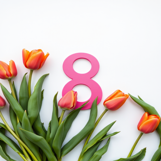 regenerate an image of a large number 8 in hot pink with vibrant tulips in various shades of pink and orange creatively arranged around it, using a DSLR camera with a 50mm lens at f/2.8, at a shallow depth of field, soft natural lighting, and a clean white background for enhanced clarity and color contrast