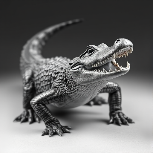 Create a high-resolution black and white illustration of a crocodile in a dynamic pose, using a DSLR camera with a 50mm lens, aperture f/2.8, ISO 100, and a soft-focus background to emphasize the detailed texture of the crocodile's scales and teeth.