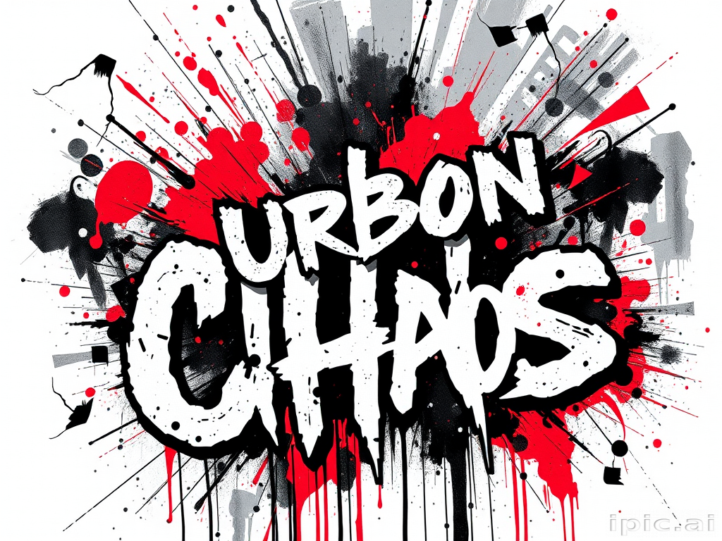 Trash polka tattoo artwork named "Urban Chaos" combining realistic black and grey elements with abstract splashes of vibrant red to create a dynamic and edgy design with text and graphic elements