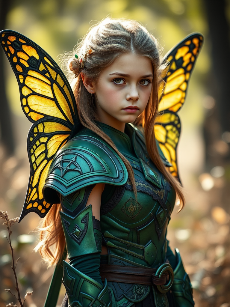 fantasy warrior girl in nature wearing intricate green armor with butterfly wings, soft natural lighting, shallow depth of field, 85mm lens, f/1.8, ISO 200, captured with a full-frame DSLR in portrait orientation