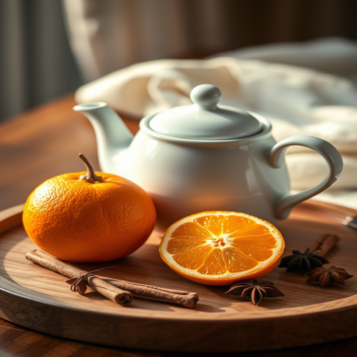a warm still life composition featuring a white teapot and two oranges on a wooden tray, with cinnamon sticks and star anise, soft focus, natural light, ISO 200, f/2.8, 50mm lens, golden hour lighting, DSLR camera