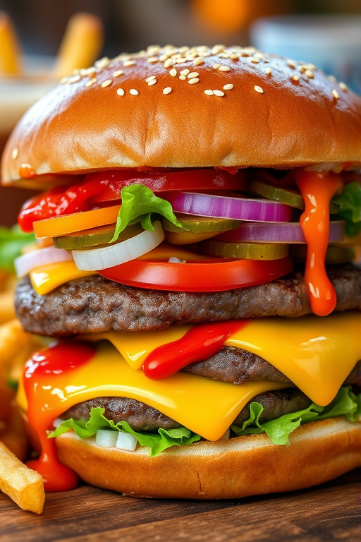 High-resolution, close-up image of a gourmet double cheeseburger. The burger features a glossy, sesame-seed-topped brioche bun. Inside, there are two thick, juicy beef patties, each topped with melted cheddar cheese. The burger is garnished with fresh lettuce, tomato slices, diced onions, and pickles. A generous amount of ketchup and a creamy, orange-colored sauce is dripping down the sides, adding to the mouth-watering appeal. In the background, there are blurred elements including a side of golden French fries and a hint of a beverage, enhancing the overall presentation of a delicious meal.