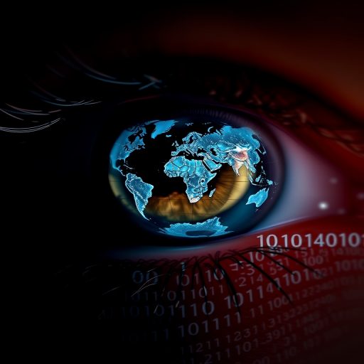 Create a digital art piece featuring a close-up of an eye with a global map reflected in the iris, surrounded by binary code, using a Canon EOS 5D Mark IV, 50mm lens, f/1.8 aperture, 1/200s shutter speed, ISO 100, with a dark background and high contrast for a futuristic feel.