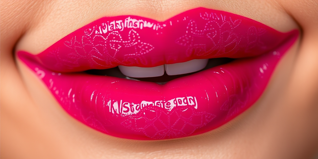 Bright fuchsia lips with intricate lace patterns, dubbed "Raspberry Rendezvous," make a bold statement with a glossy finish and subtle shimmer for romantic date nights