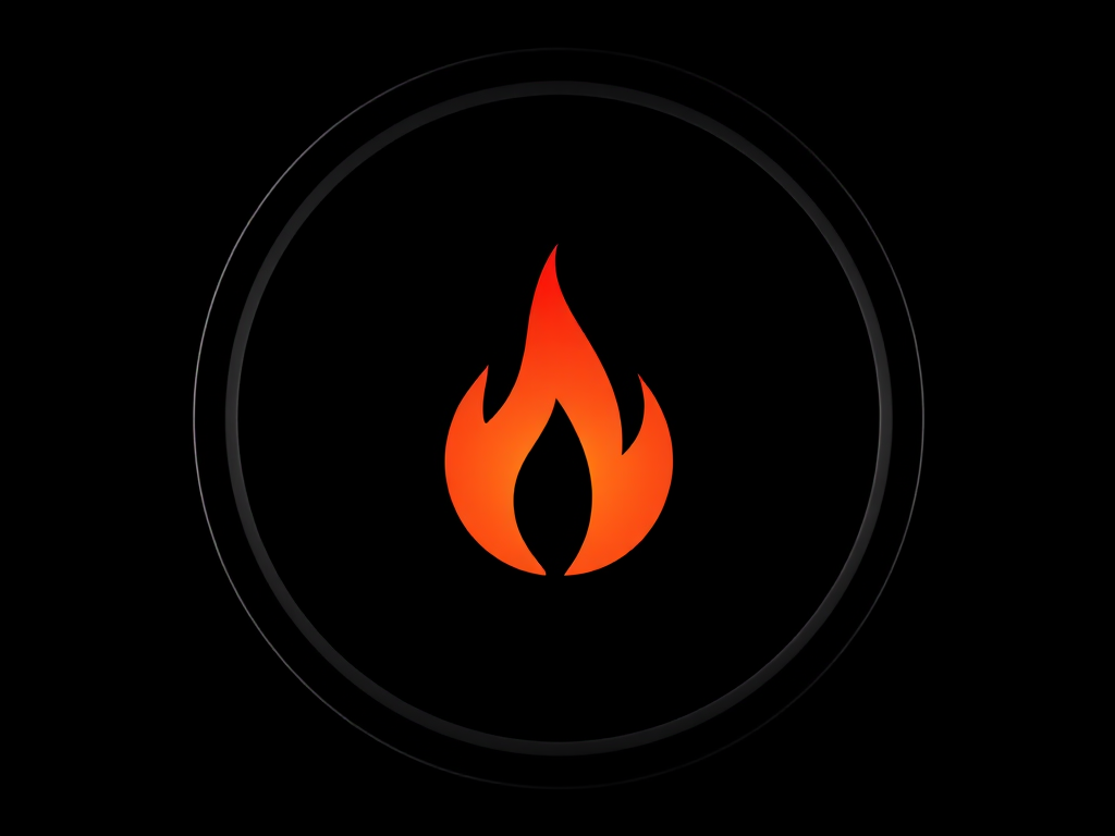 Generate a high-resolution image of a stylized flame logo centered within a circular frame, with a matte black background, using a Canon EOS R5 camera, 50mm lens at f/1.8, ISO 100, with soft natural lighting and a slight vignette effect for depth.