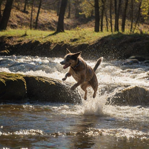 Blurry action shot of a dog leaping into a river to catch a ball, water splashing around it, distant trees casting long shadows, and the sound of rushing water and excited barking filling the scene.