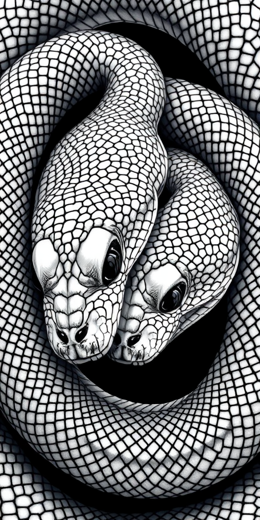 Create a detailed illustration of two snakes intertwined, featuring intricate scales and textures, with high contrast black and white shading, using a DSLR camera with a 50mm lens, aperture set at f/8, ISO 200, and shot in macro view.