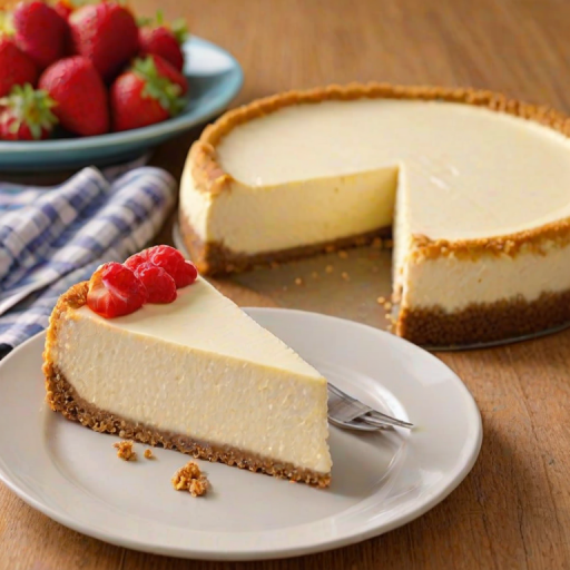 Create an image of a creamy cheesecake with a graham cracker crust. The cheesecake should have a smooth, light yellow filling and be partially sliced to show the inside. Place the cheesecake on a wooden serving board, and use a colorful checkered cloth as the background to add a warm, inviting feel.