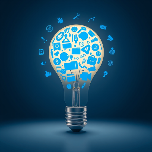 Create a high-resolution digital illustration of a light bulb made of various blue icons representing ideas and creativity, shot with a Canon EOS 5D Mark IV at f/8, ISO 100, 1/125s, in a studio environment with softbox lighting for even illumination.