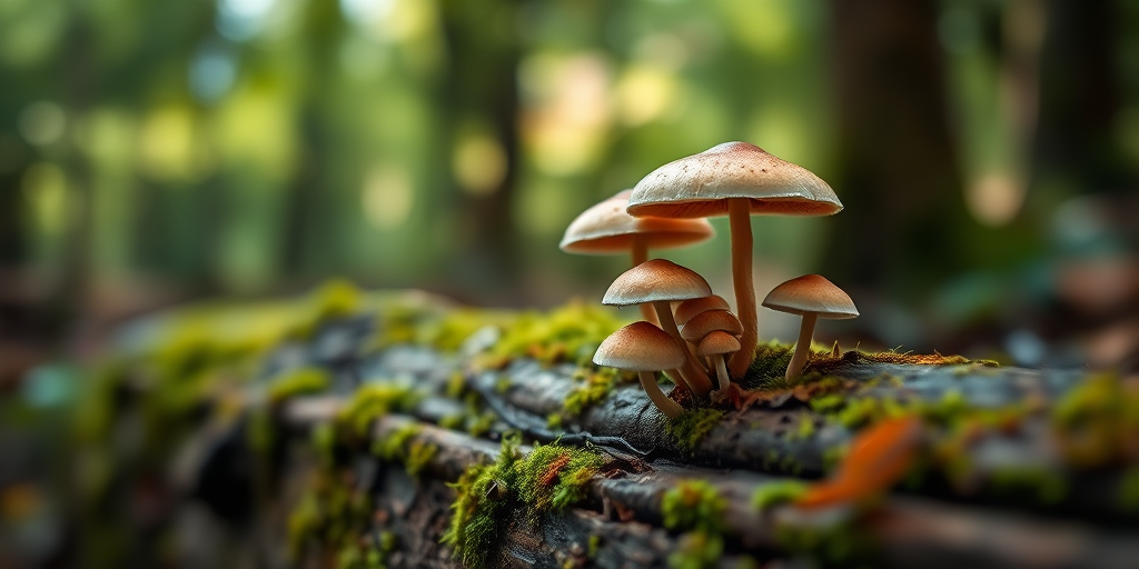mushrooms growing on mossy log in a forest with soft bokeh background, taken with a DSLR camera at f/2.8, 50mm lens, ISO 200, 1/250 sec, natural lighting, shallow depth of field