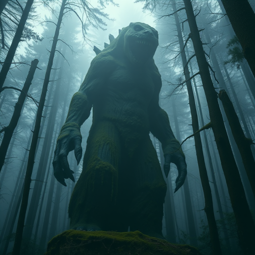 Generate an image of a towering monster covered in moss, standing menacingly in a misty forest, captured with a Canon EOS R5, 24mm lens, f/2.8 aperture, ISO 800, 1/60 sec shutter speed, using a low-angle shot to emphasize its height and presence in a dark, atmospheric setting.