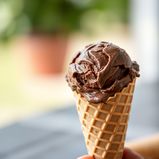 Create a hyper-realistic image of a chocolate ice cream scoop in a waffle cone, using a DSLR camera with a 50mm lens, aperture f/1.8, ISO 100, and natural lighting for enhanced clarity and texture.