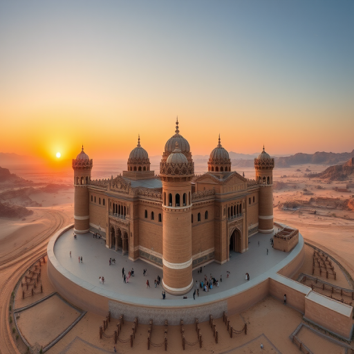 Regenerate the image of a majestic castle surrounded by a desert landscape at sunset, with intricate towers and detailed architecture, captured with a DSLR camera, 50mm lens, f/8 aperture, ISO 100, in natural light, panoramic view for enhanced depth.