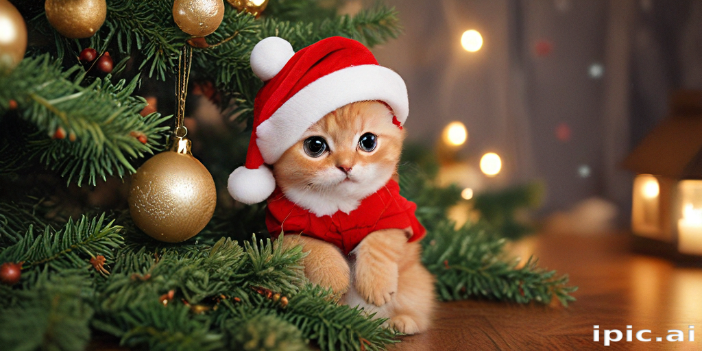 Adorable Kitten Dressed in Santa Outfit Surrounded by Christmas Decorations