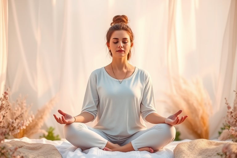 Create a serene image of a woman meditating in a peaceful environment, soft pastel colors, ethereal background, natural light, DSLR camera, f/1.8 aperture, 50mm lens, shallow depth of field, soft focus.