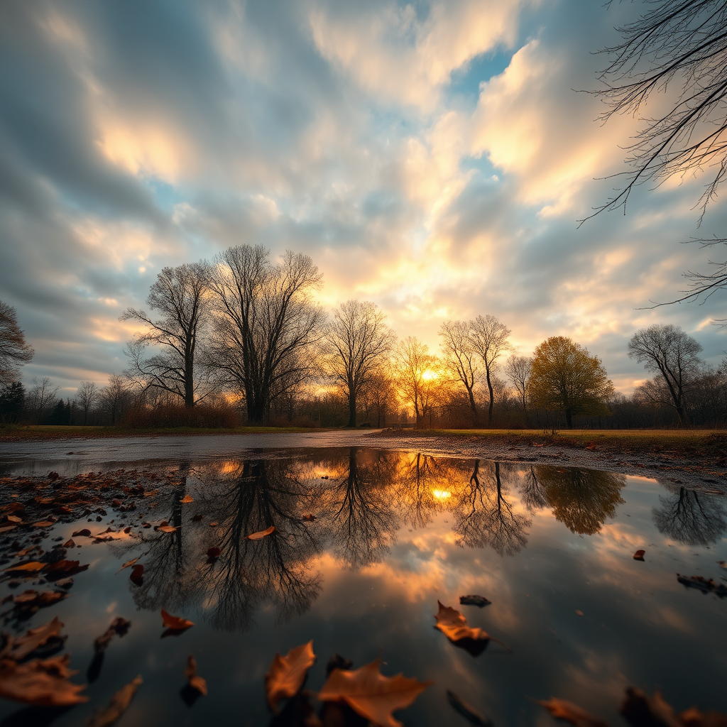 trees reflecting in a puddle of water mirror of trees, a cloudy sky with golden light, low grip, autumn atmosphere, dead leaves in the puddle, 4k