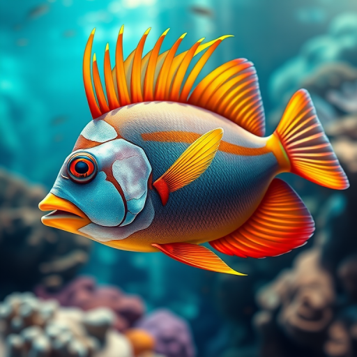 create an illustration of a vibrant tropical fish with detailed fins and a colorful body in a bright underwater environment, ISO 100, f/8, 1/200s, macro lens, top-down view, digital art style