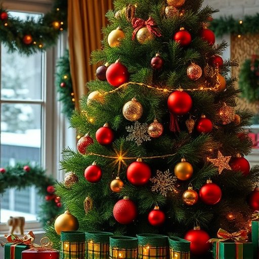 Generate an image of a beautifully decorated Christmas tree indoors. The tree should be lush and green, adorned with red, gold, and silver ornaments. Include warm white lights twinkling on the branches. The background should feature a cozy, festive environment with some holiday decorations visible, like garlands and a hint of a window showing a winter scene.