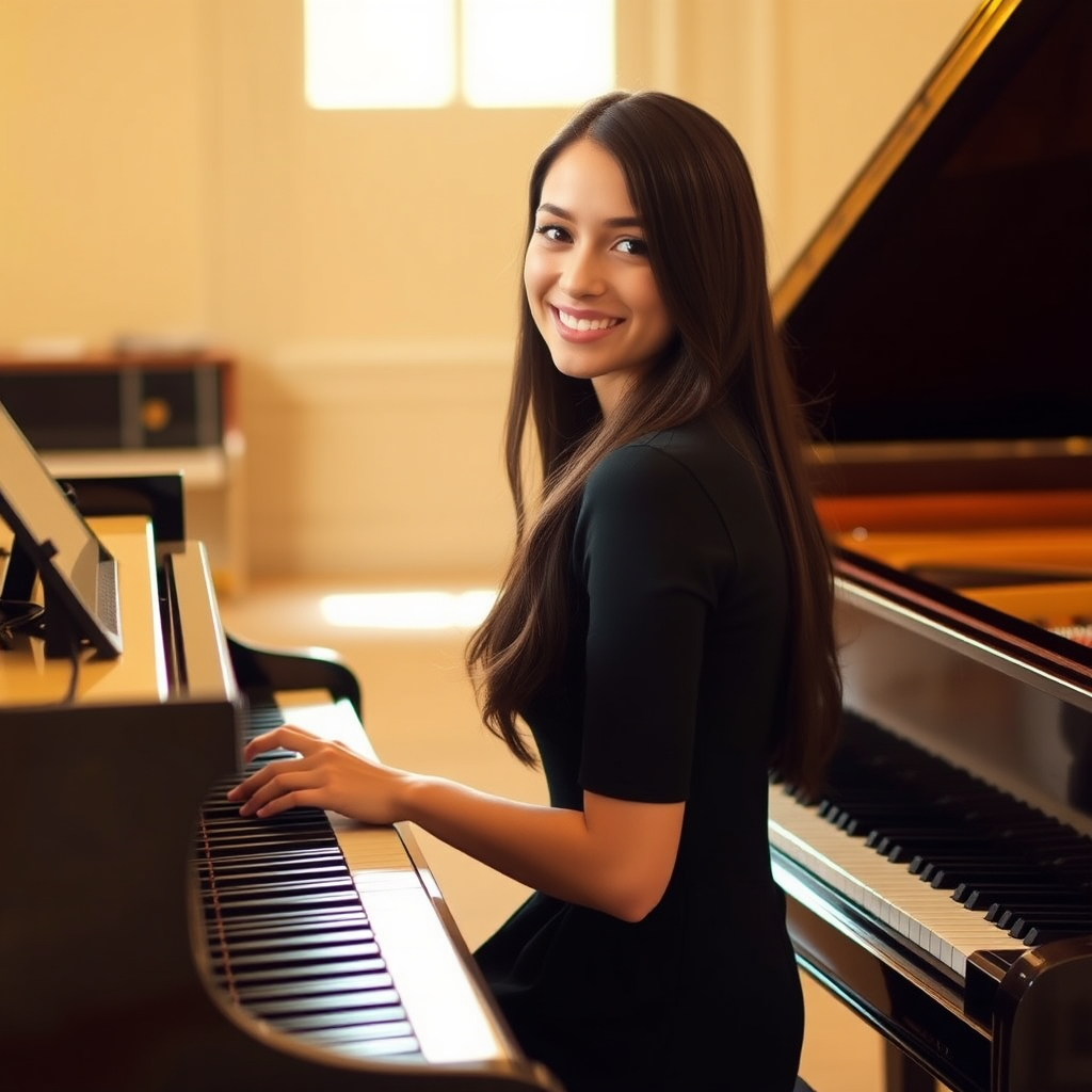 A young woman with long, dark hair smiles at the viewer as she sits at a grand piano, her right hand poised over the keys. The scene is lit by warm, natural light, highlighting the elegant simplicity of the woman's black dress. The perspective is from the side, emphasizing the contrast between the woman's delicate form and the grand scale of the piano. The ivory keys and dark wood of the piano create a striking visual contrast, further emphasized by the rich black of her dress.