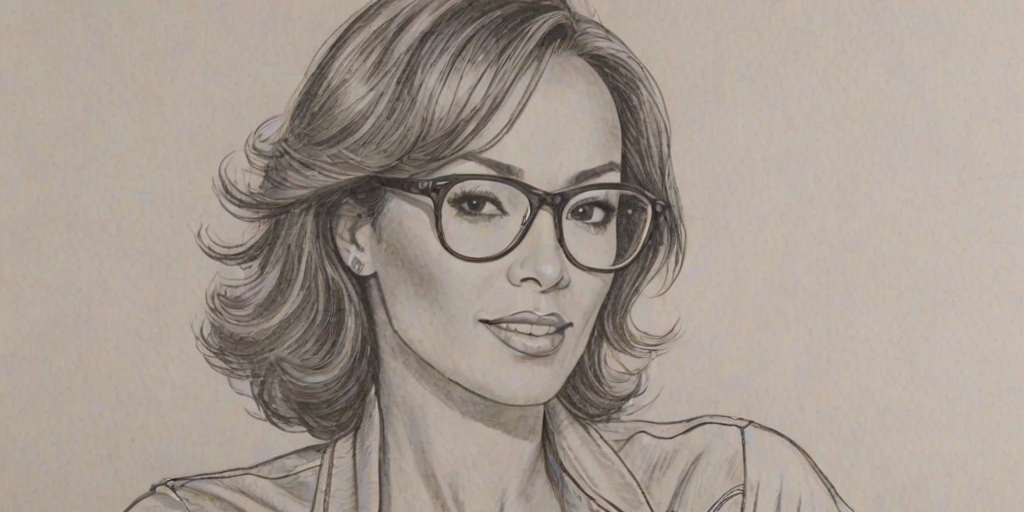 Ravishing Eva LaRue, pencil sketch, portrait of Splendid woman 1975s in glasses, hair style beatnik, outline, clear lines, fine lines, 8k