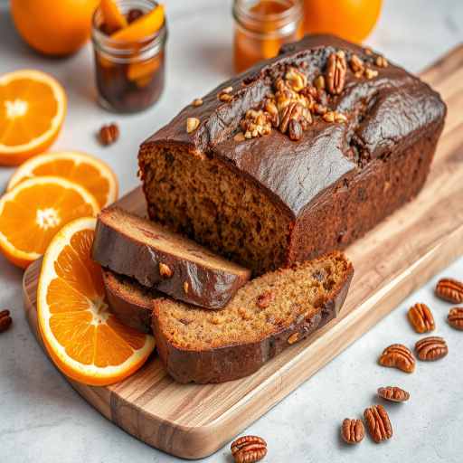 A beautifully styled image of a loaf cake with a rich, dark texture featuring nuts and dried fruits sliced on a wooden board surrounded by orange slices and dried apple chips with a small jar of fruit jam in the background and scattered pecans on a light gray surface.