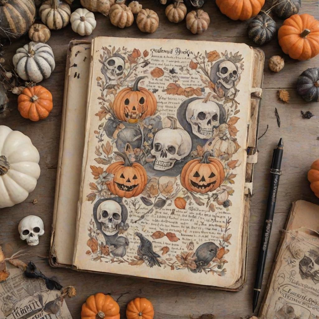Design a detailed watercolor, vintage-inspired Halloween-themed imagery for a cottagecore junk journal. The design features a spooky yet shabby chic aesthetic with handwritten elements in faded ink, showing slight wear. Include pumpkins, cute ghosts, and adorable skulls alongside autumn florals, all rendered in soft pastel colors like pale orange, cream, and black for accents. The imagery has a slight worn or parchment texture, creating a nostalgic feel. The high-resolution image has no blur, contrast, or grainy textures, and is filled with intricate details in 8k definition.