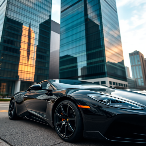 high-resolution image of a sleek black sports car parked in front of modern glass skyscrapers, taken with a DSLR camera, 24mm lens, f/2.8 aperture, ISO 100, natural daylight, sharp focus, vibrant colors, low angle view