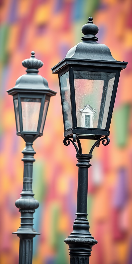 Create a high-resolution image of two ornate street lamps, one gray and one black, positioned side by side against a blurred colorful background, captured with a DSLR camera at f/5.6 aperture, ISO 100, and a 50mm lens in natural light.