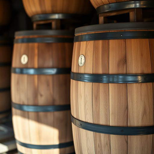 Create a high-resolution image of two wooden barrels stacked adjacent to each other under soft, natural lighting, using a DSLR camera with a 50mm lens, aperture set at f/2.8 for shallow depth of field, shot at ISO 100, with a slight tilt-shift perspective to enhance detail and focus on the barrels.