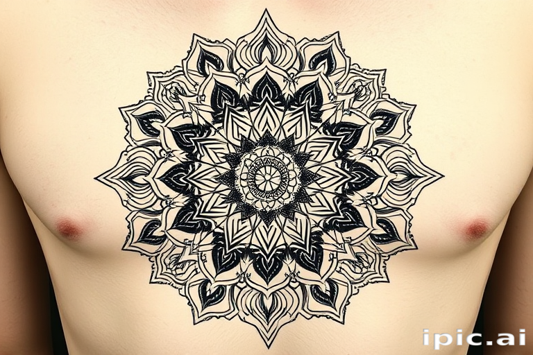 Elaborate ornamental "Mandala Fusion" tattoo design blending intricate floral patterns with geometric shapes and spiritual symbols creating a harmonious and symmetrical circular motif ideal for chest or back placements