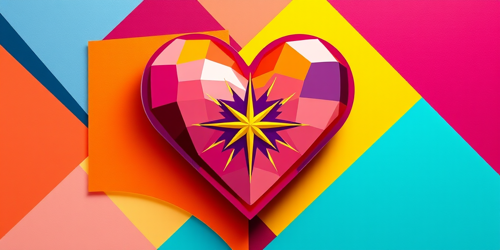 Create a high-resolution digital illustration of a vibrant heart with a starburst design in the center, layered over colorful geometric shapes in a playful arrangement, using a Canon EOS R5 camera, with an aperture of f/8, ISO 100, and a 50mm lens, ensuring a clean, sharp focus and a soft bokeh background.
