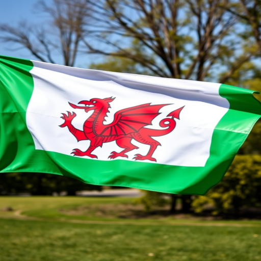 Generate an image of the Welsh flag featuring a red dragon on a white and green background, captured with a Canon EOS 5D Mark IV, focal length 50mm, aperture f/8, ISO 100, in a bright daylight setting with a clear background.