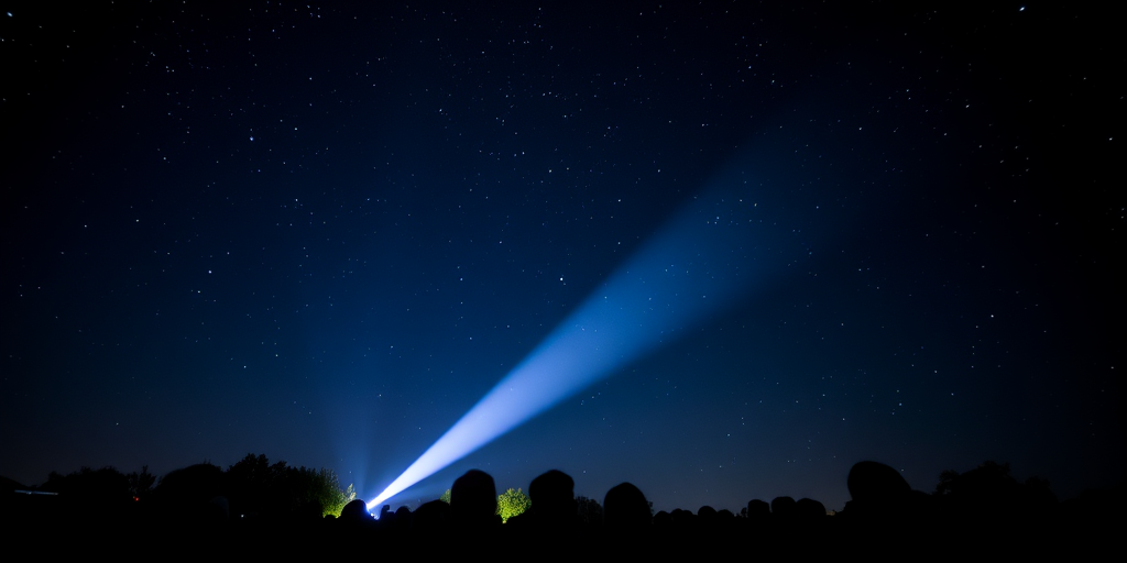 A starry night sky with a bright beam of light from a searchlight illuminating silhouettes of a crowd, taken with a DSLR camera, 24mm lens, f/2.8 aperture, ISO 800, 10-second exposure, shot from a low angle for dramatic effect.
