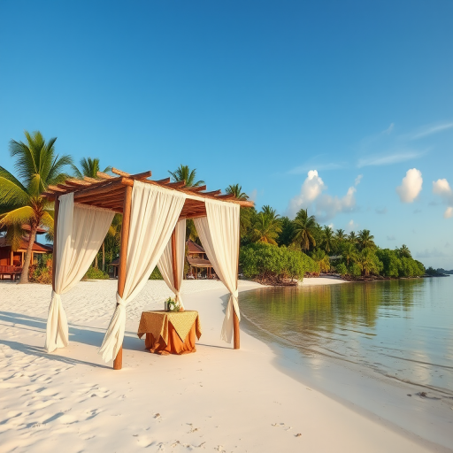 Create a picturesque tropical beach scene featuring a serene, white sandy shore. In the foreground, there's a rustic wooden canopy with white drapes gently flowing in the breeze. Underneath the canopy, a table is set with tropical decor, evoking a sense of relaxation and leisure. The beach extends into a calm, shallow water area with reflections of the sky and surroundings. Palm trees and lush greenery line the edge of the beach, providing a natural, tropical backdrop. The sky is clear with a few scattered clouds, and the overall atmosphere is tranquil and inviting, perfect for a peaceful retreat.