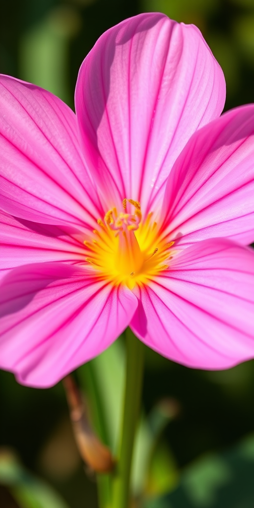 Create a vibrant, high-resolution illustration of a pink flower with distinct lines and a yellow center, using a DSLR camera with a 50mm lens, aperture set to f/2.8, ISO 100, and shot in natural light for enhanced detail and color richness.